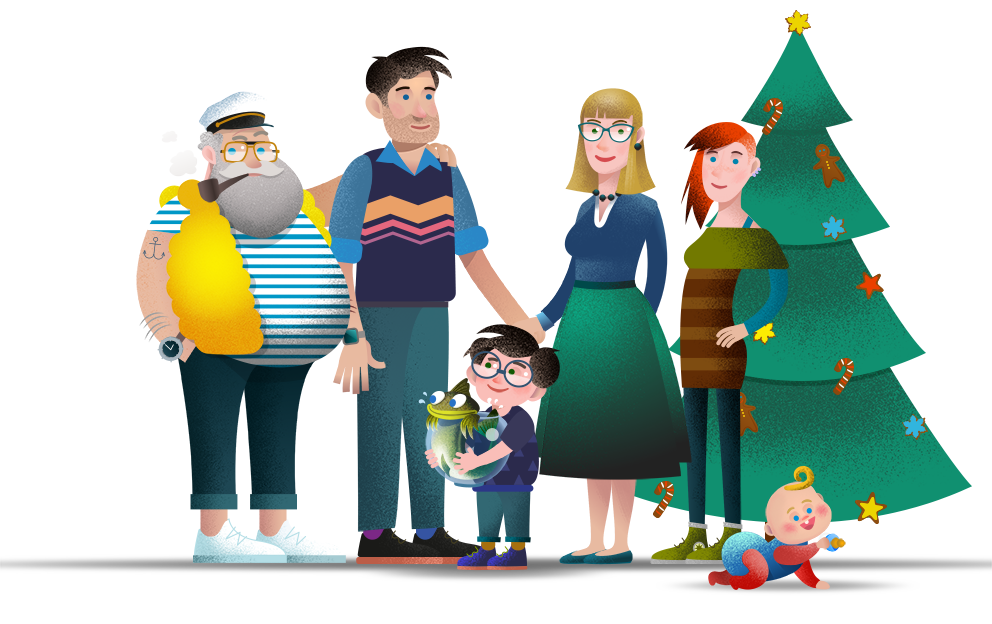 Rodzina Pomorskich w komplecie: Pan Pomorski, Mama Pomorska, Tata Pomorski, Pomorzanka, Pomorski Junior, Pomorski Bobas, maskotka dorsz Benek. Obok stoi choinka, przystrojona bombkami.  