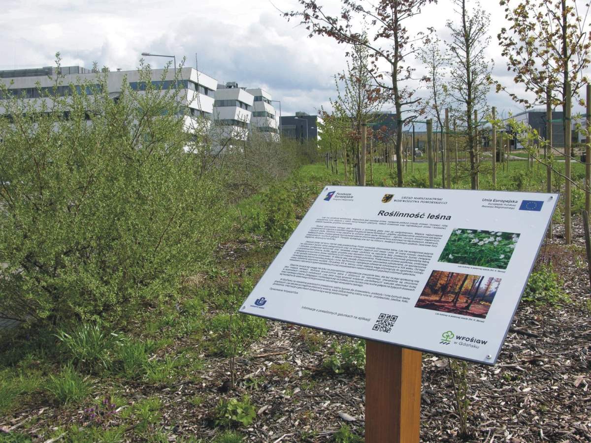 Widok ogólny na park z budynkiem Biologii UG w tle oraz tablica informacyjna na pierwszym planie