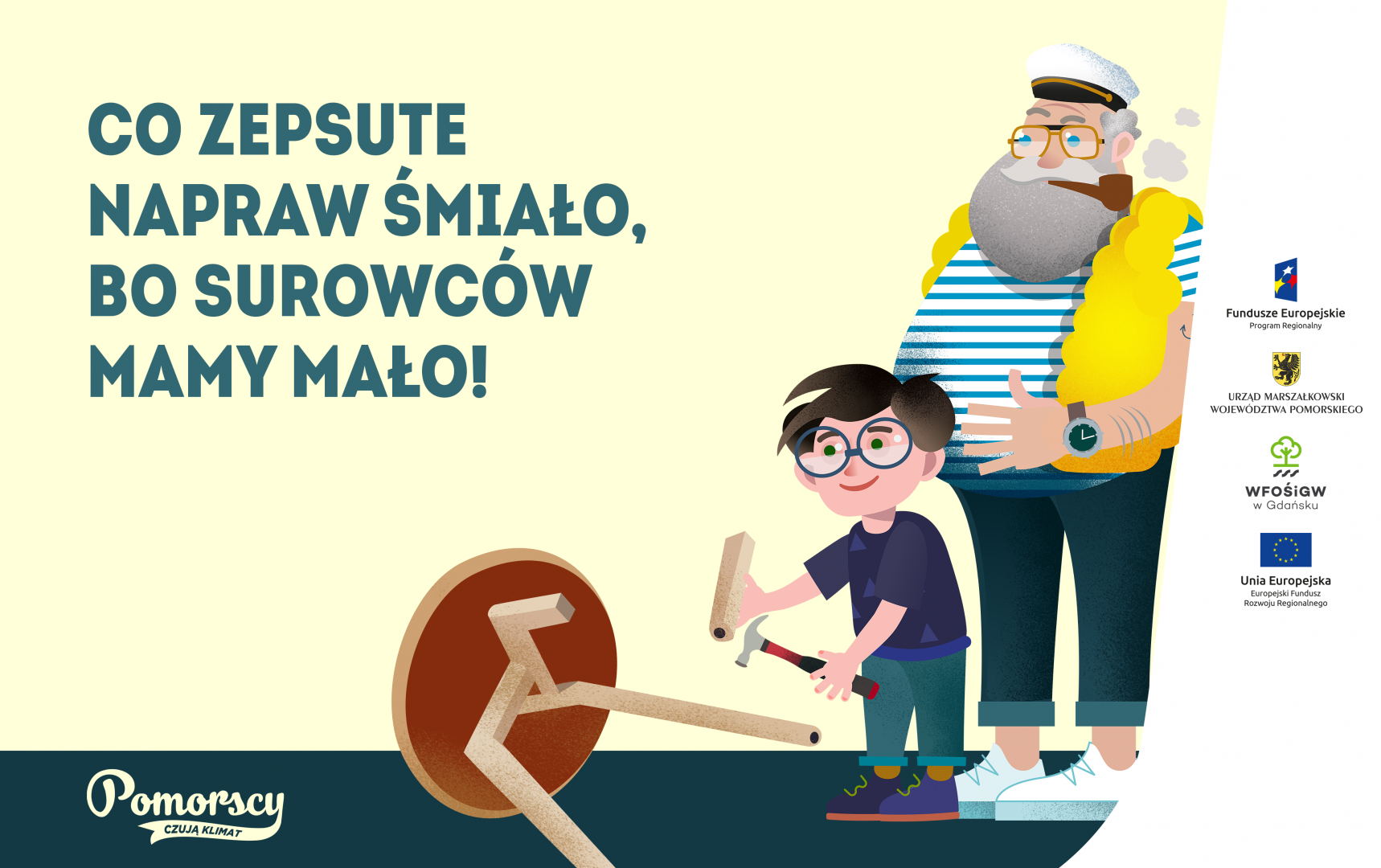 Junior i Senior – bohaterowie kampanii „Pomorscy czują klimat” naprawiają zepsuty stół;