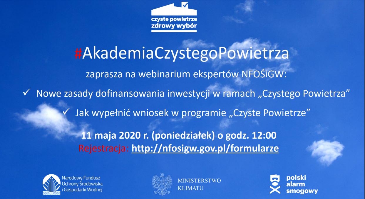 #AkademiaCzystegoPowietrza - niebieska plansza z informacjami o Akademii Czystego Powietrza