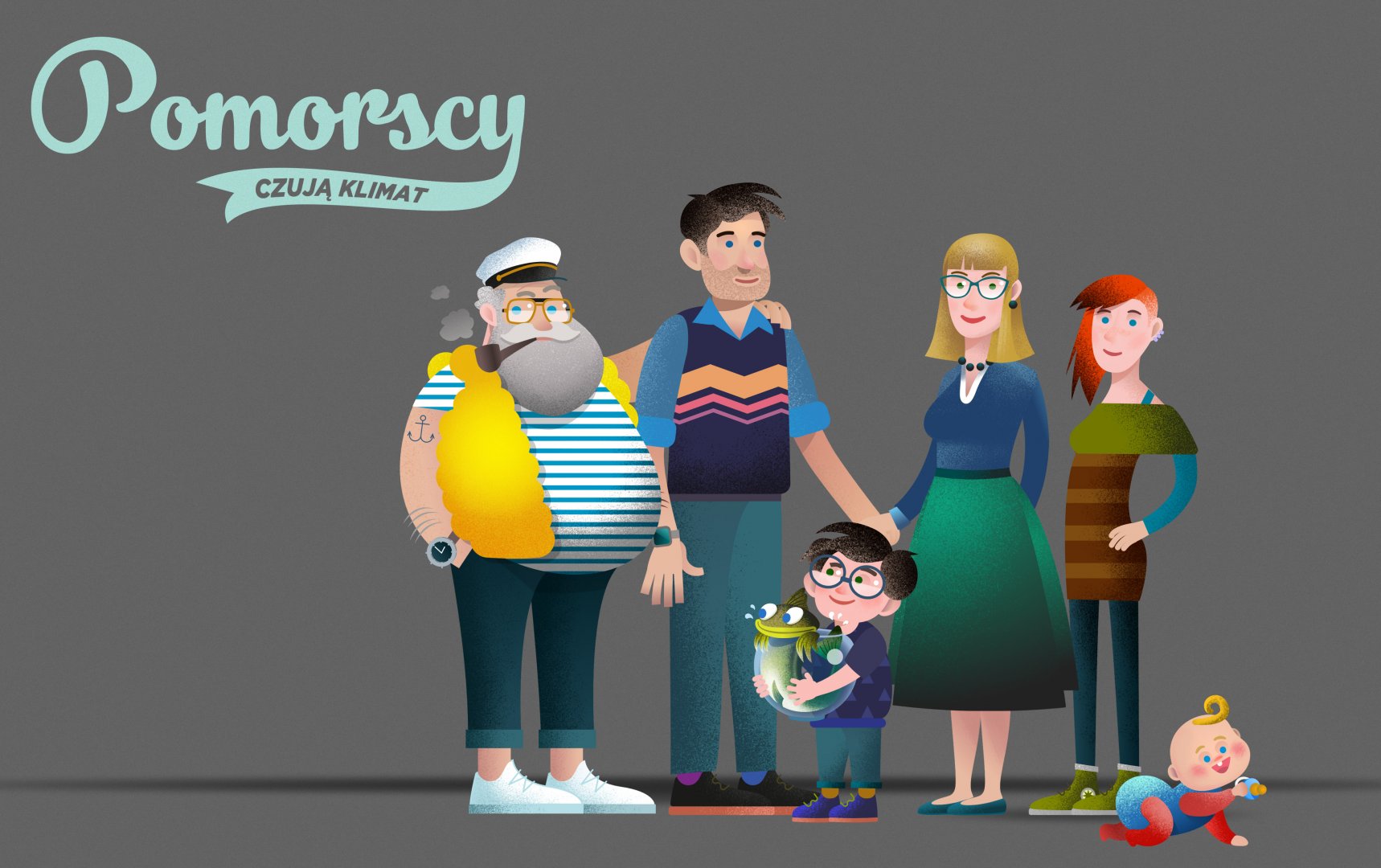 Logo kampanii "Pomorscy czują klimat" - rodzina Pomorskich w komplecie 
