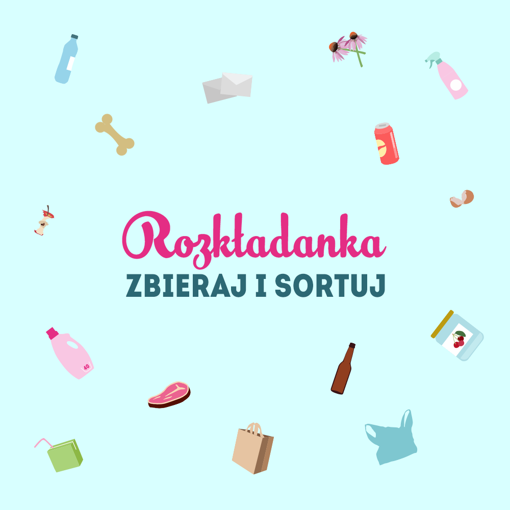 Grafika do gry "Zbieraj i sortuj" przedstawiająca różne przedmioty tj. słoik, butelka, ogryzek, kość, koperta itp