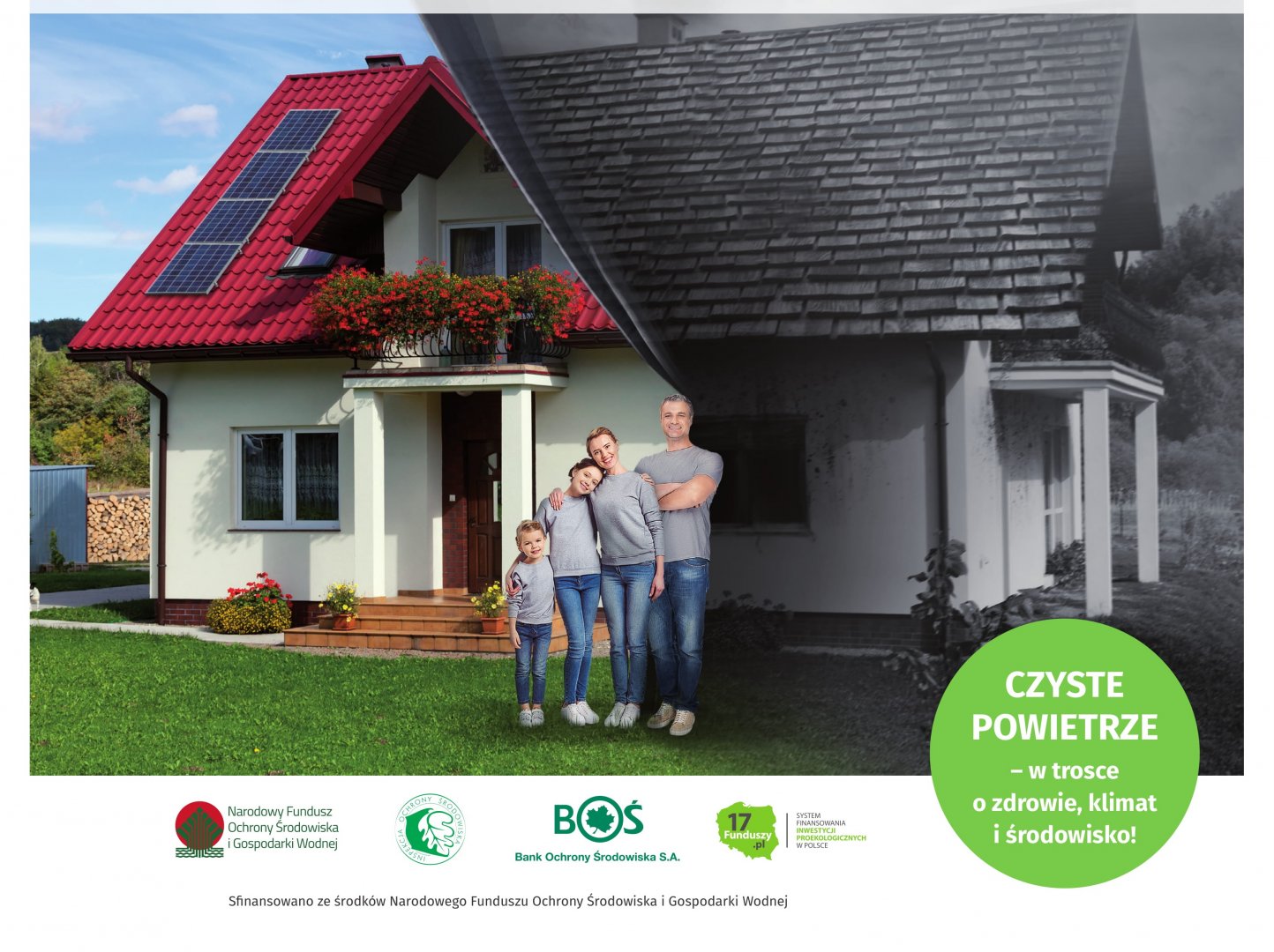 Program Priorytetowy Czyste Powietrze - przed jednorodzinnym domem stoi czteroosobowa rodzina