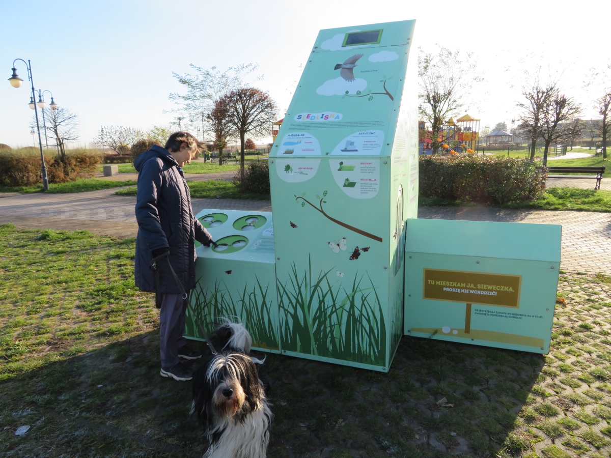 Jedna z brył tworzących interaktywną wystawę plenerową, obok stoi kobieta z psem.