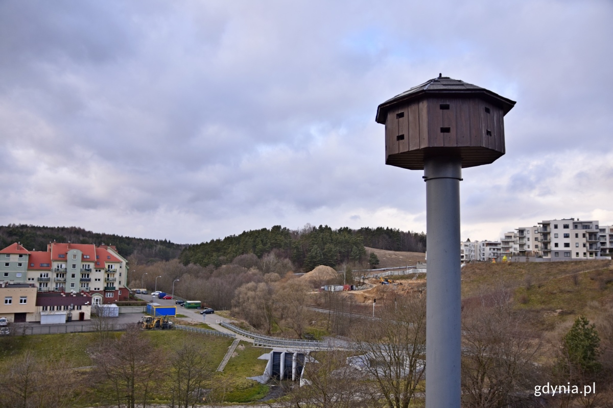 Wieża dla jerzyków (w bliskim planie), w oddali widać gdyńskie osiedle Karwiny