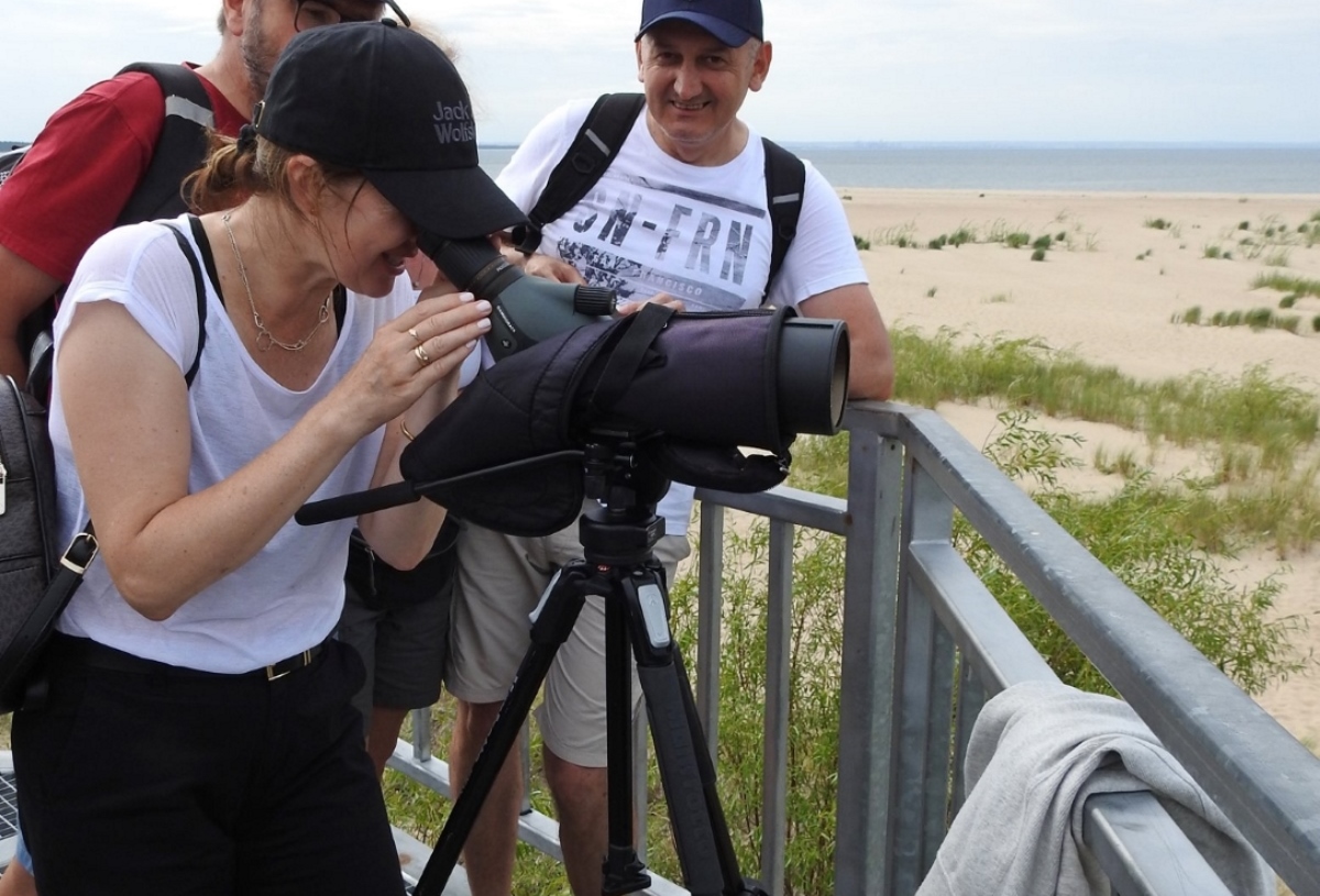 Na zdjęciu platforma obserwacyjna, na niej stoją trzy osoby, jedna z nich obserwuje rezerwat przyrody Mewia Łacha przez lunetę