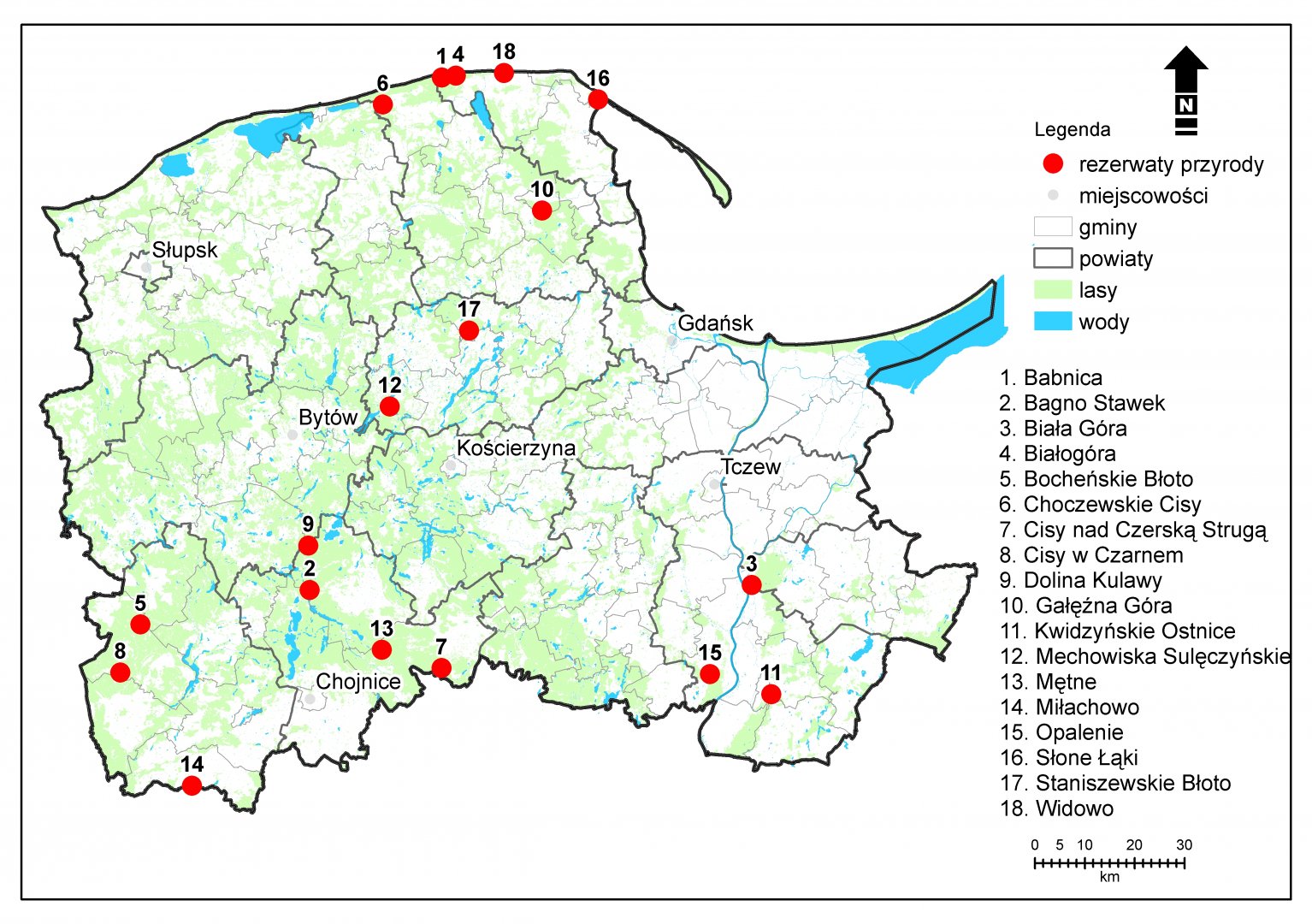 Rezerwaty przyrody objęte projektem „Ochrona bioróżnorodności rezerwatów przyrody Pomorza” (źródło: RDOŚ w Gdańsku)