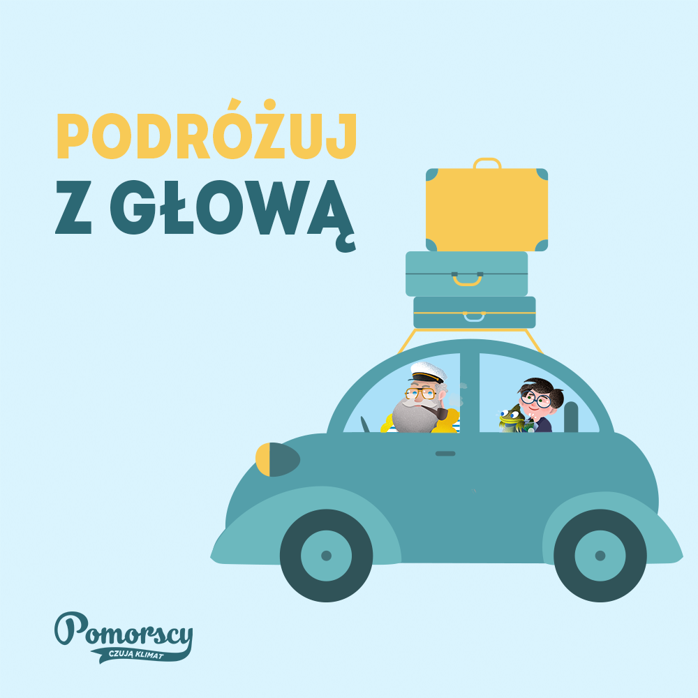 Podróżuj z głową! Rodzina Pomorskich w samochodzie, na dachu mnóstwo walizek. 