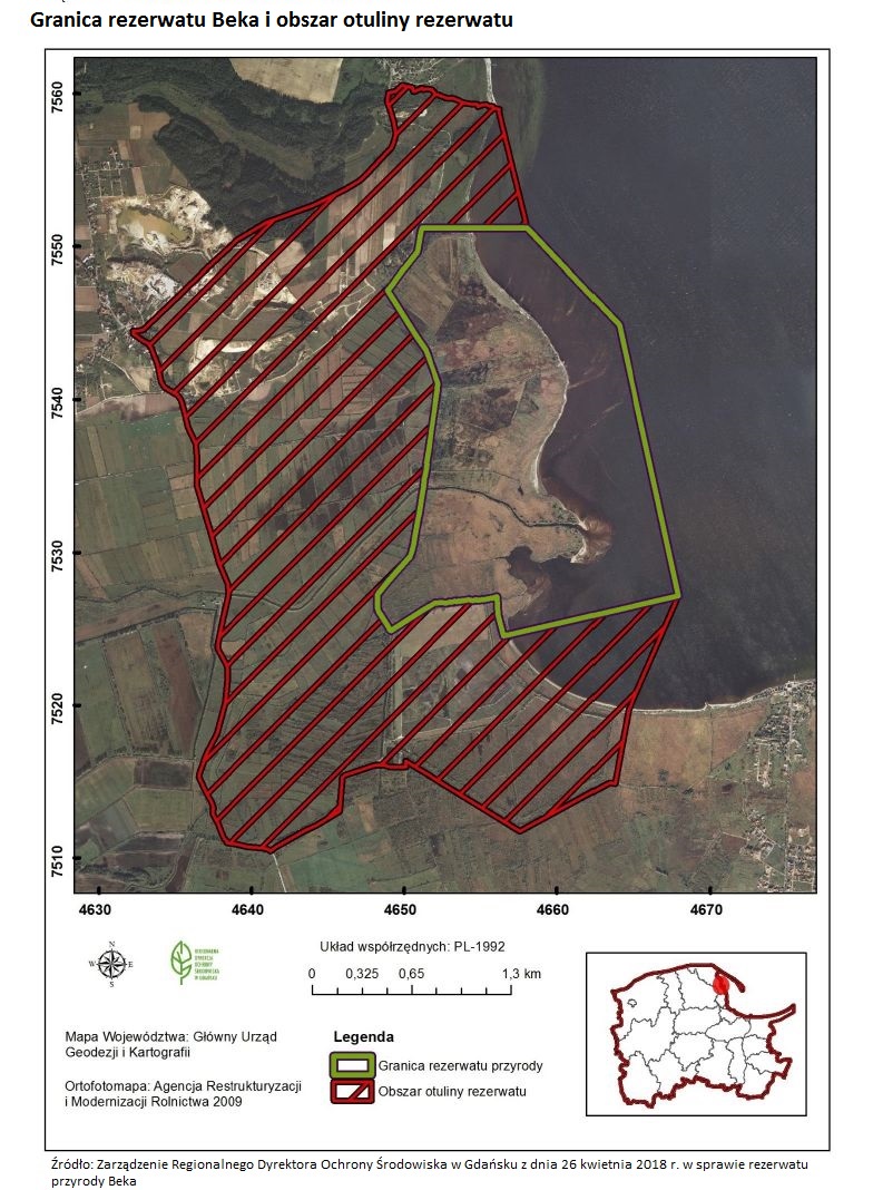 Mapka z zaznaczeniem granic rezerwatu przyrody Beka i obszaru otuliny rezerwatu
