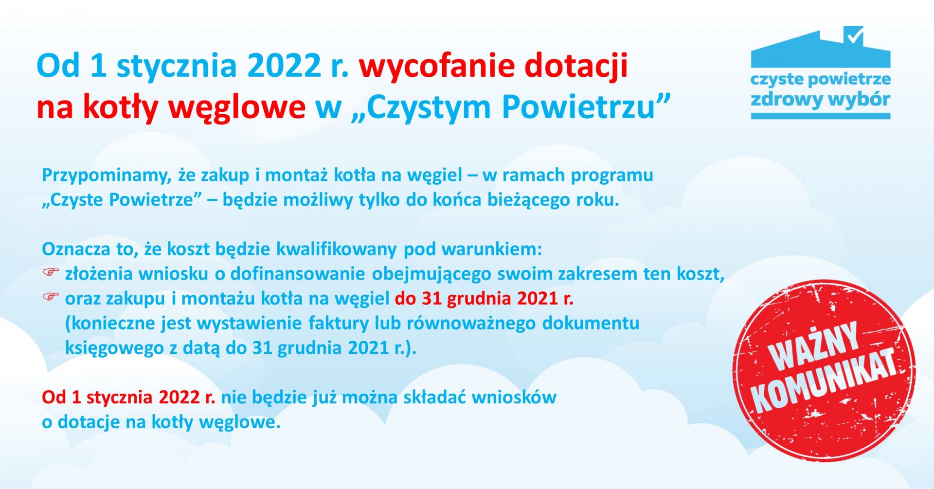 Od 1 stycznia 2022 wycofanie dotacji na kotły węglowe w programie Czyste Powietrze