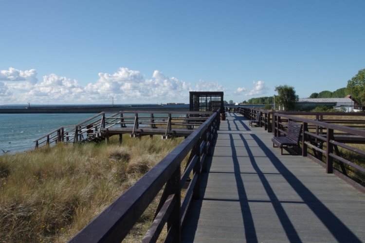 Pomost spacerowy na terenie Parku Wydmowego, chroniący siedliska wydmy białej i szarej; w tle port wojenny w Helu