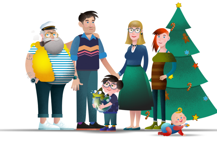 Rodzina Pomorskich w komplecie: Pan Pomorski, Mama Pomorska, Tata Pomorski, Pomorzanka, Pomorski Junior, Pomorski Bobas, maskotka dorsz Benek. Obok stoi choinka, przystrojona bombkami.  