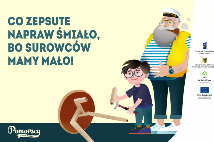 Junior i Senior – bohaterowie kampanii „Pomorscy czują klimat” naprawiają zepsuty stół;