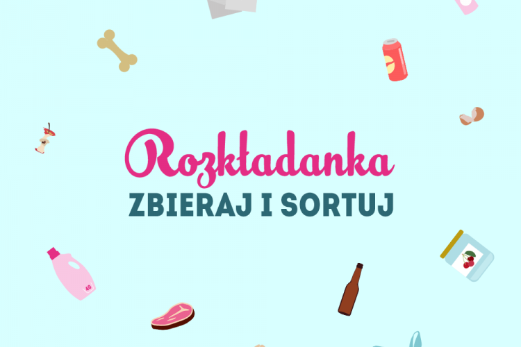 Grafika do gry "Zbieraj i sortuj" przedstawiająca różne przedmioty tj. słoik, butelka, ogryzek, kość, koperta itp