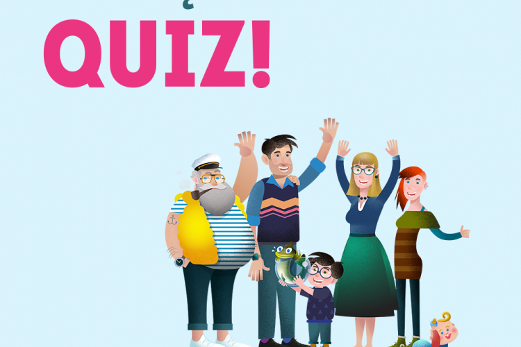 Na grafice sześcioosobowa Rodzina Pomorskich i napis "Rozwiąż nasz quiz"