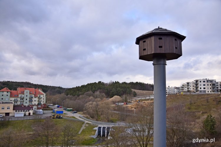 Wieża dla jerzyków (w bliskim planie), w oddali widać gdyńskie osiedle Karwiny